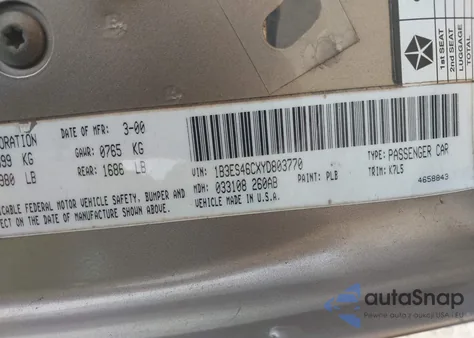 2000 Dodge Neon Highline from USA, damaged, VIN 1B3ES46CXYD803770